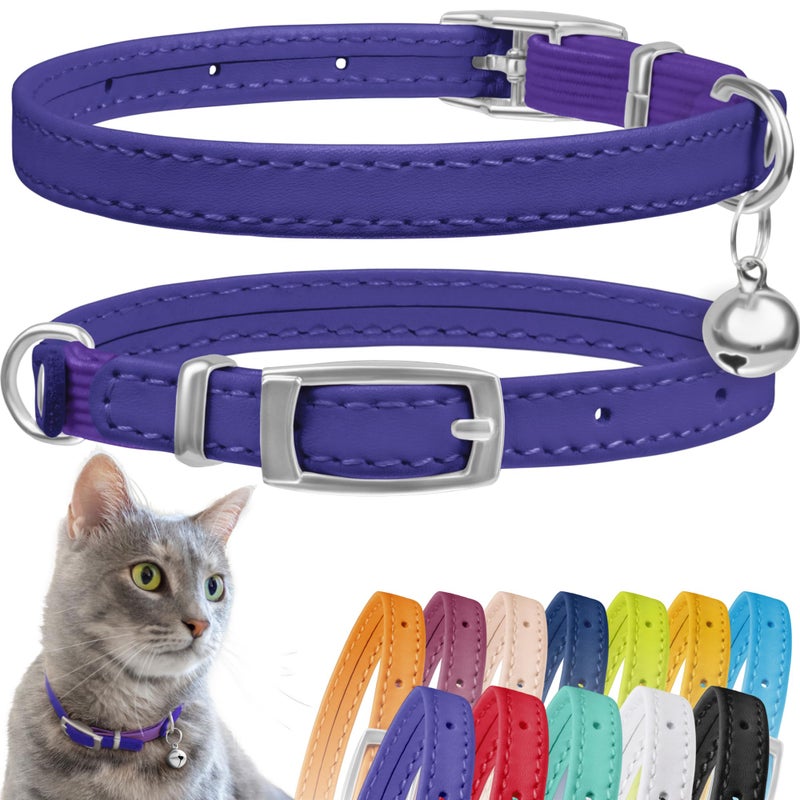 CollarDirect Leather Cat Collar, Kitten Collar with Removable Bell Black Blue Red Orange Lime Green (8-11 Inch, Purple) - Image 1